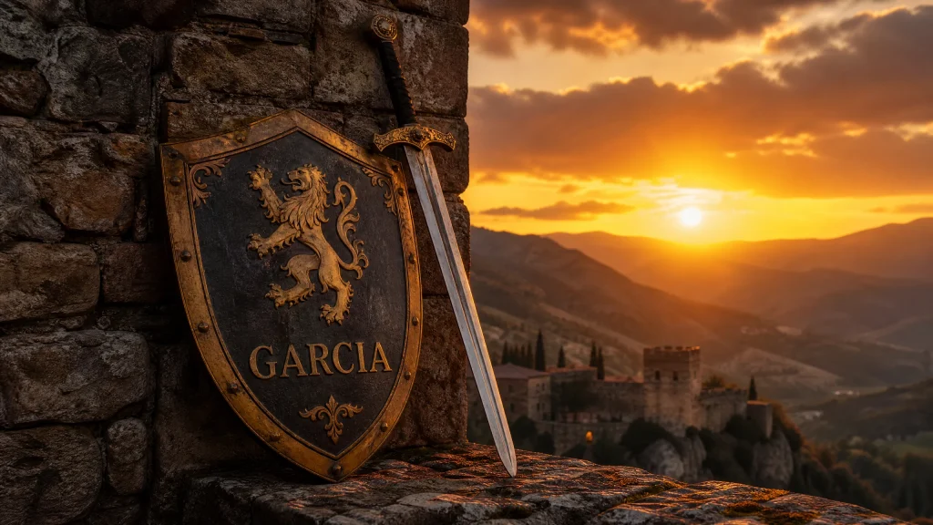 Here is the descriptive alt text for the Garcia heritage image:

**Alt Text:** A cinematic, high-resolution photograph of a medieval-style black shield with a golden lion crest and the name "GARCIA" inscribed in gold lettering. The shield and a polished steel sword lean against the weathered stone wall of an ancient castle. The background reveals a historic village and rugged mountains bathed in the warm, golden glow of a sunset, symbolizing strength and noble heritage.