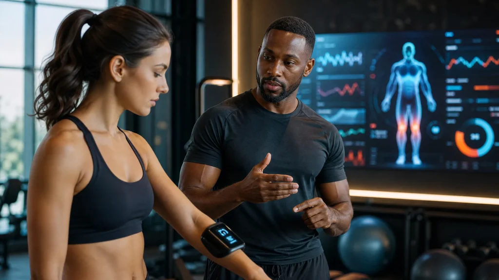 A professional editorial photograph of a modern, high-tech fitness environment in 2026. A personal trainer is guiding a client who is wearing a futuristic wearable device on her forearm, while a large digital screen in the background displays real-time biometric data, including muscle engagement heatmaps and metabolic health dashboards.