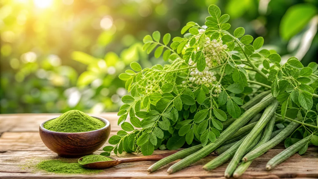 The Miracle Tree: Moringa Oleifera Branch and Powder

A professional close-up photograph featuring a vibrant green Moringa Oleifera branch with delicate leaves and long seed pods resting on a rustic wooden table. Next to the branch is a small wooden bowl filled with bright green Moringa leaf powder and a matching wooden spoon. The scene is illuminated by warm, natural sunlight with a soft-focus garden background, symbolizing health and natural wellness.