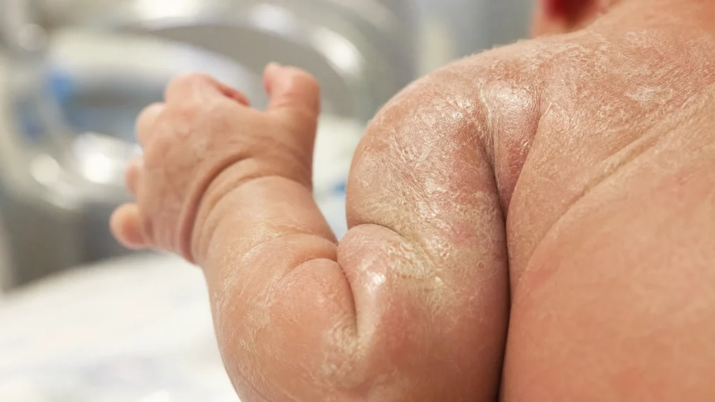 A professional close-up photograph of a newborn baby's skin, showing a gentle coating of the white, waxy substance known as vernix caseosa on the arm and shoulder. The lighting is soft and warm, highlighting the natural texture of the substance against the baby's delicate skin, with a blurred nursery background.