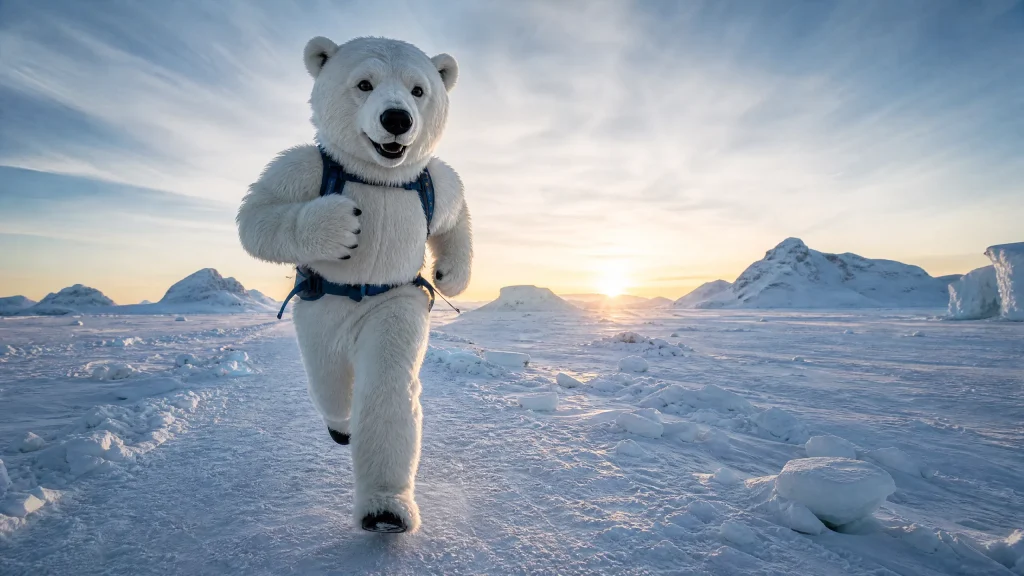 A professional, cinematic photograph of a runner in a realistic polar bear costume sprinting across a vast, frozen Arctic landscape during a sunset marathon, highlighting the extreme endurance and isolation of the event.