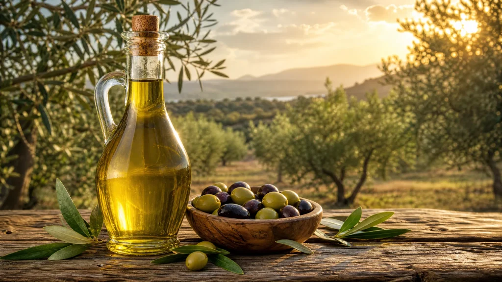 Golden extra virgin olive oil in a glass bottle next to a bowl of fresh olives on a wooden table in a sunlit Mediterranean grove.