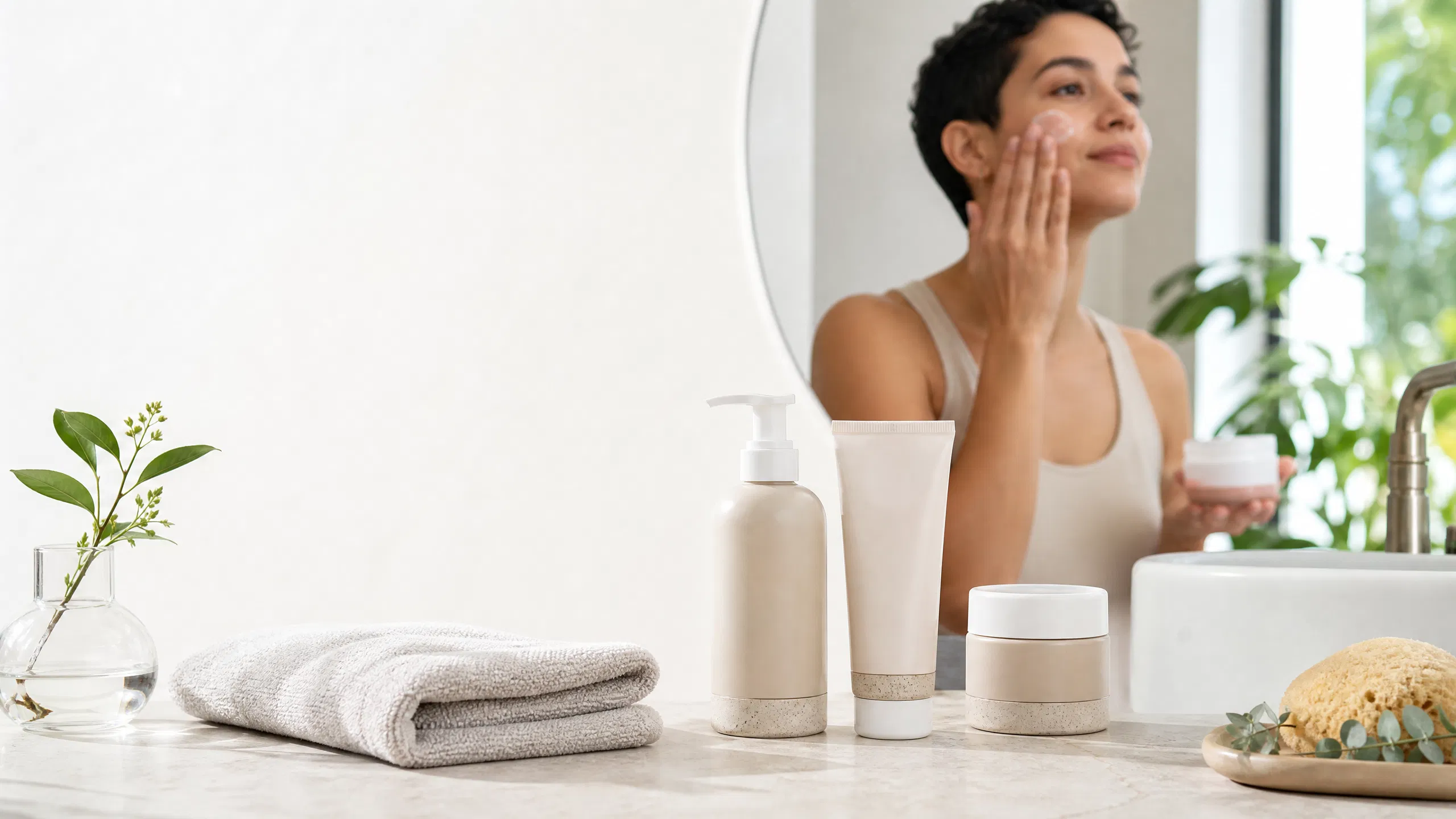 Unbranded skincare products arranged with a towel and botanical elements while an adult applies moisturizer in a bright bathroom.