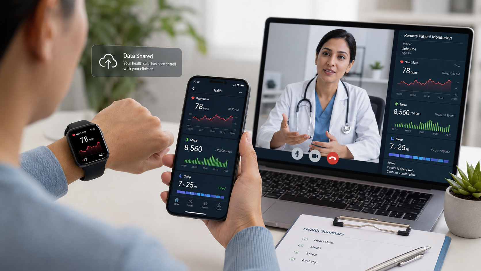 Smartwatch and smartphone showing heart-rate and activity data being shared with a clinician for remote monitoring.