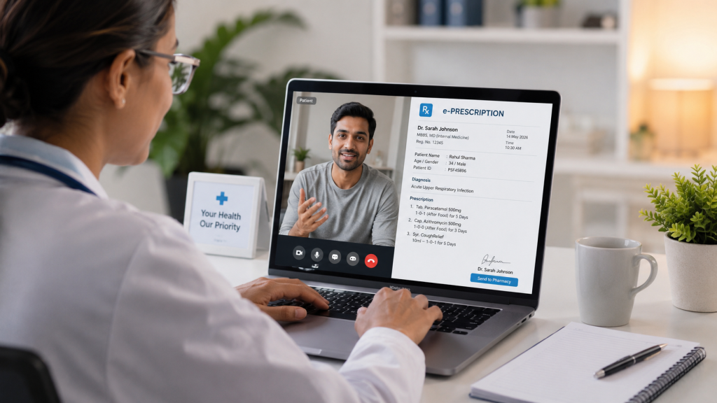 Clinician on a laptop conducting a video consultation with a patient; an e‑prescription is visible on the clinician’s screen.