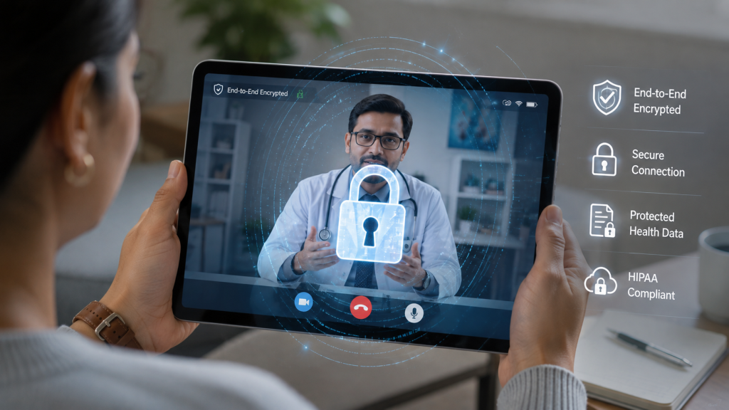 Padlock icon overlaid on a tablet, symbolizing encrypted telehealth communications and data protection.