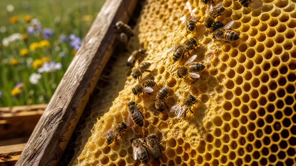 Honeybees working together on golden hexagonal honeycomb inside a wooden hive, illustrating the living architecture of a bee colony.