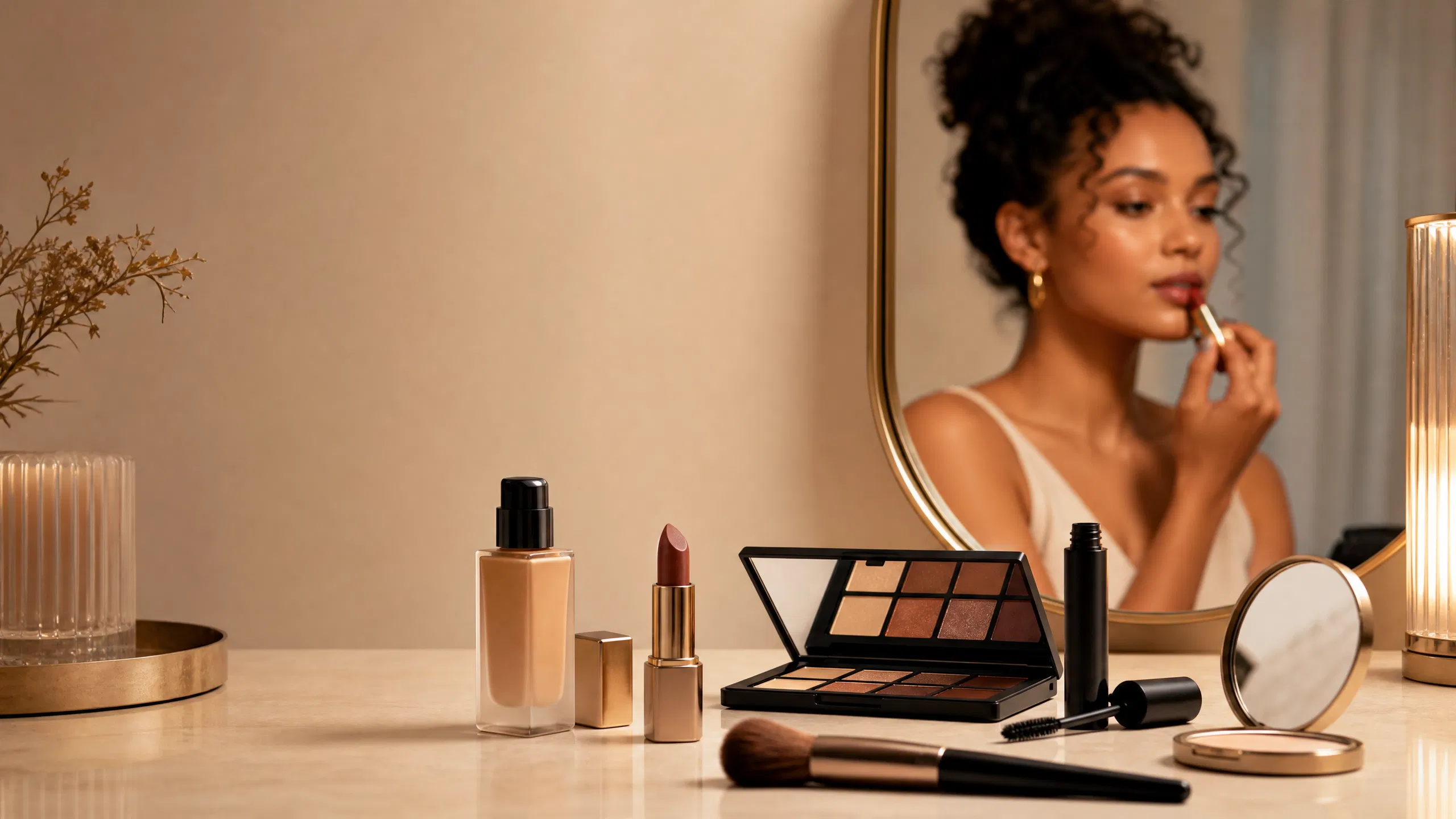 Unbranded foundation, lipstick, eyeshadow, mascara, and makeup brushes arranged on a vanity while an adult applies lipstick in the background.