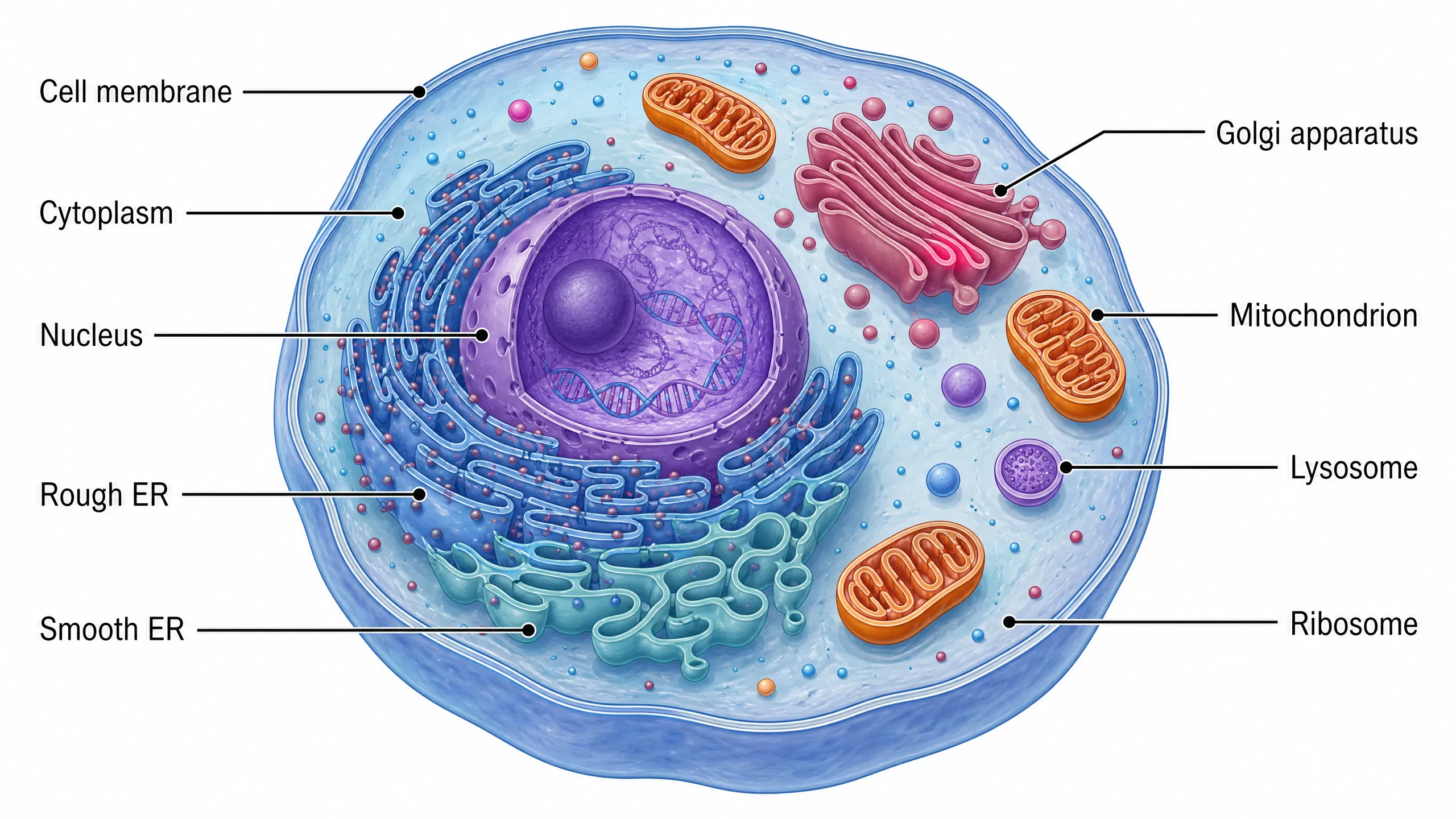 Labeled diagram of a human cell showing the nucleus, cell membrane, cytoplasm, rough and smooth ER, Golgi apparatus, mitochondria, lysosome, and ribosomes.