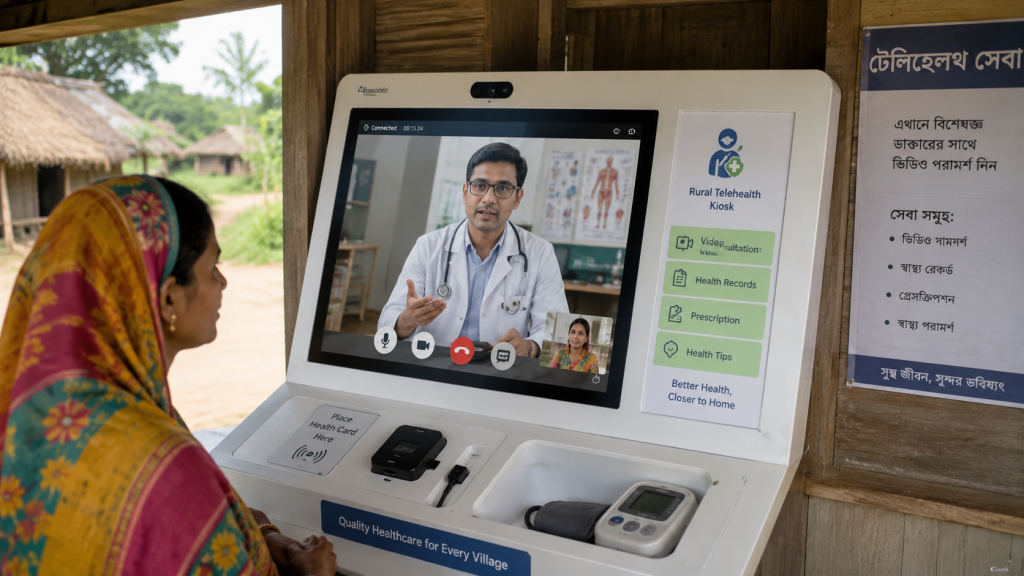 Patient using a rural telehealth kiosk connecting to a distant specialist via video call.