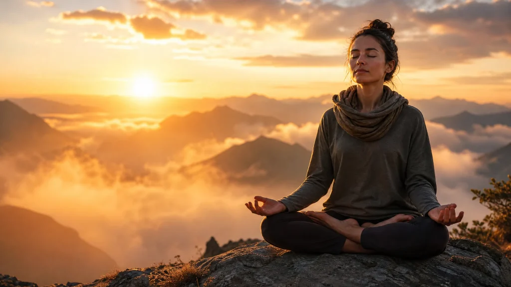A cinematic and inspiring featured image of a person meditating at sunrise on a misty mountaintop. The person is sitting in a peaceful cross-legged position with palms open and eyes closed, embodying calm, focus, and groundedness. The golden light of the rising sun filters through the clouds, creating a hopeful and expansive atmosphere.