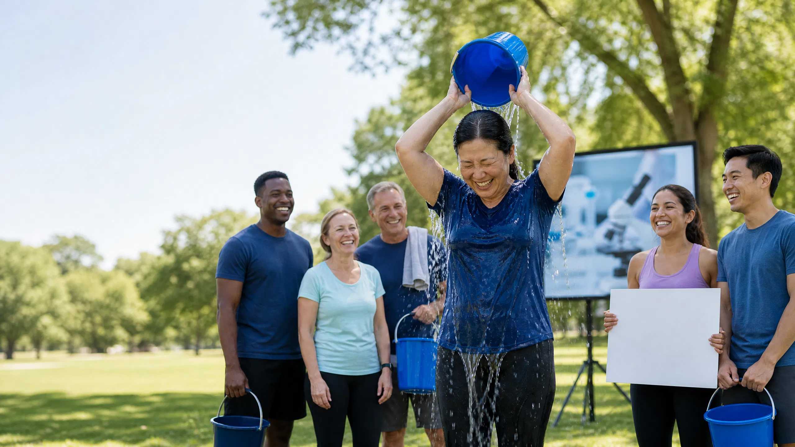 A group of people participating in an outdoor ALS Ice Bucket Challenge as one person pours cold water over their head while others hold buckets and smile in support.