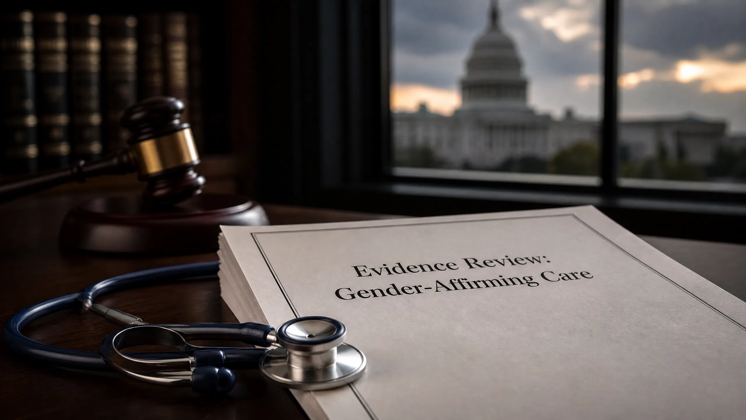 A professional editorial photograph showing a medical stethoscope resting on a state-commissioned 'Evidence Review' document, with a legislative gavel and a state capitol building in the background, symbolizing the conflict between healthcare data and law.