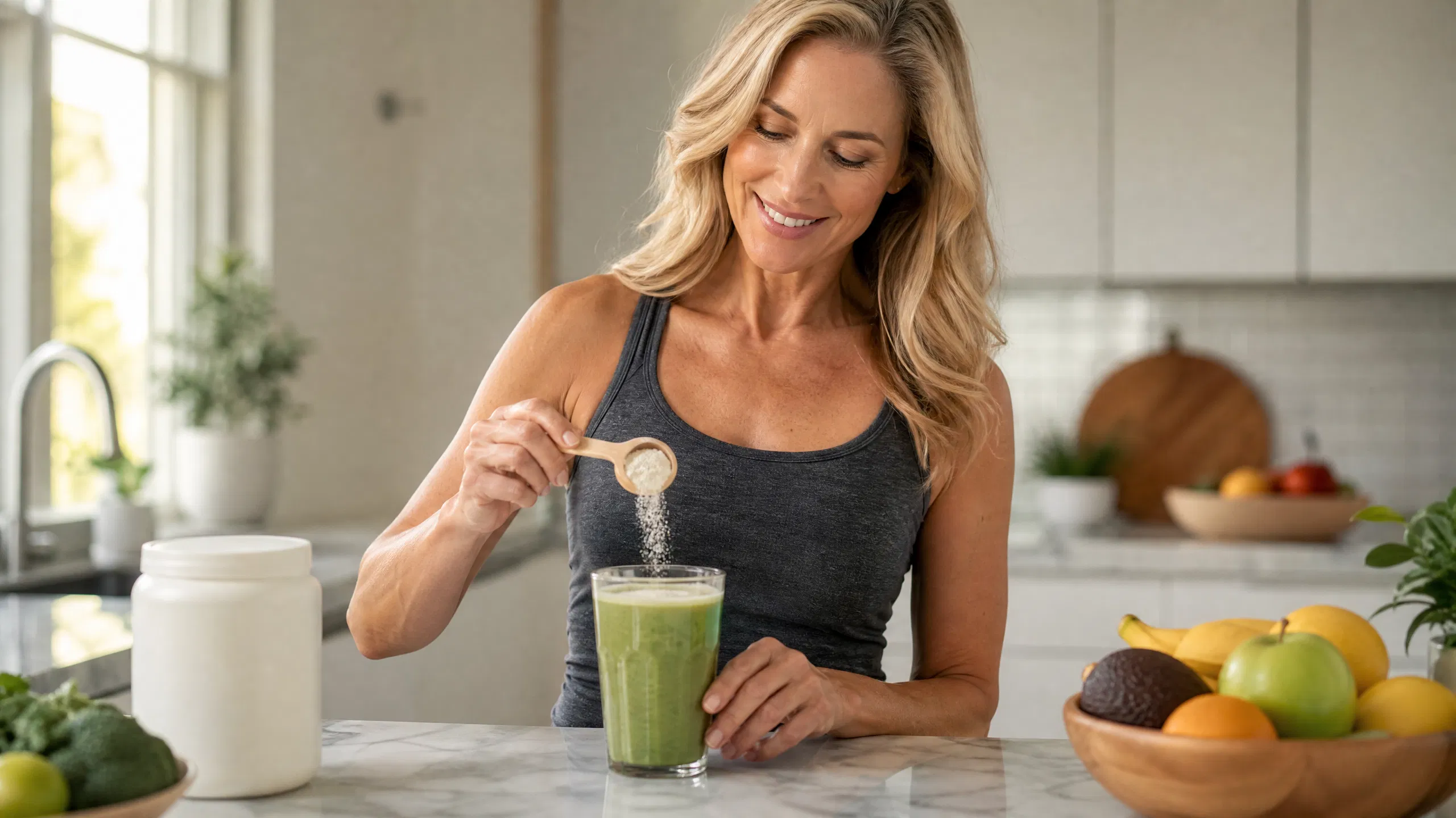 A professional editorial photograph of a healthy, active woman in her late 40s in a bright, modern kitchen, smiling as she adds a scoop of white powder into a green protein smoothie. The setting is clean and vibrant, symbolizing a holistic approach to midlife wellness.
