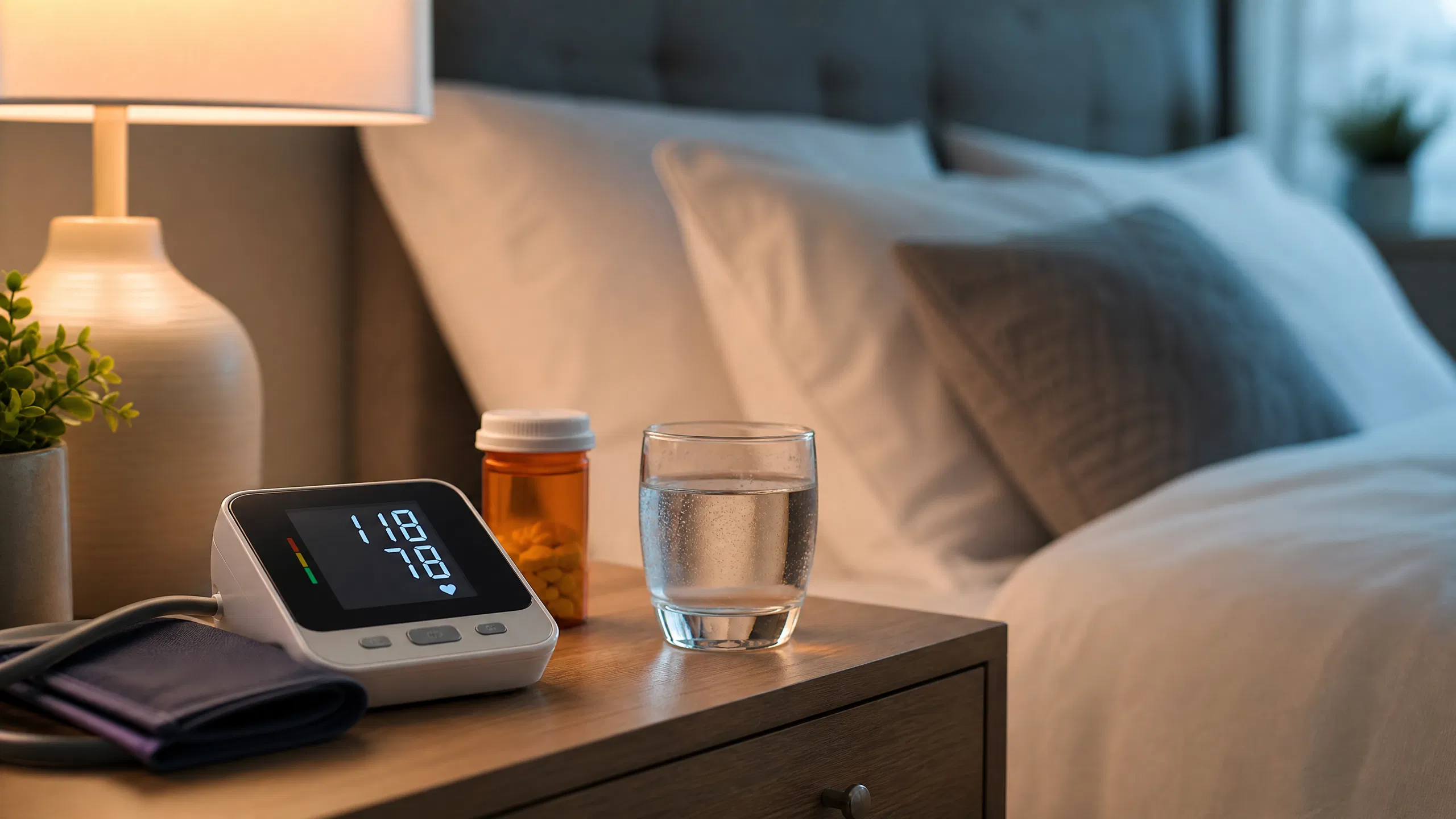 IVebMkmRZCT2HbKFjK51sm 1787358621200 na1fn L2hvbWUvdWJ1bnA professional editorial photograph of a digital blood pressure monitor displaying a healthy reading on a nightstand next to a glass of water and a prescription pill bottle under soft evening lighting.