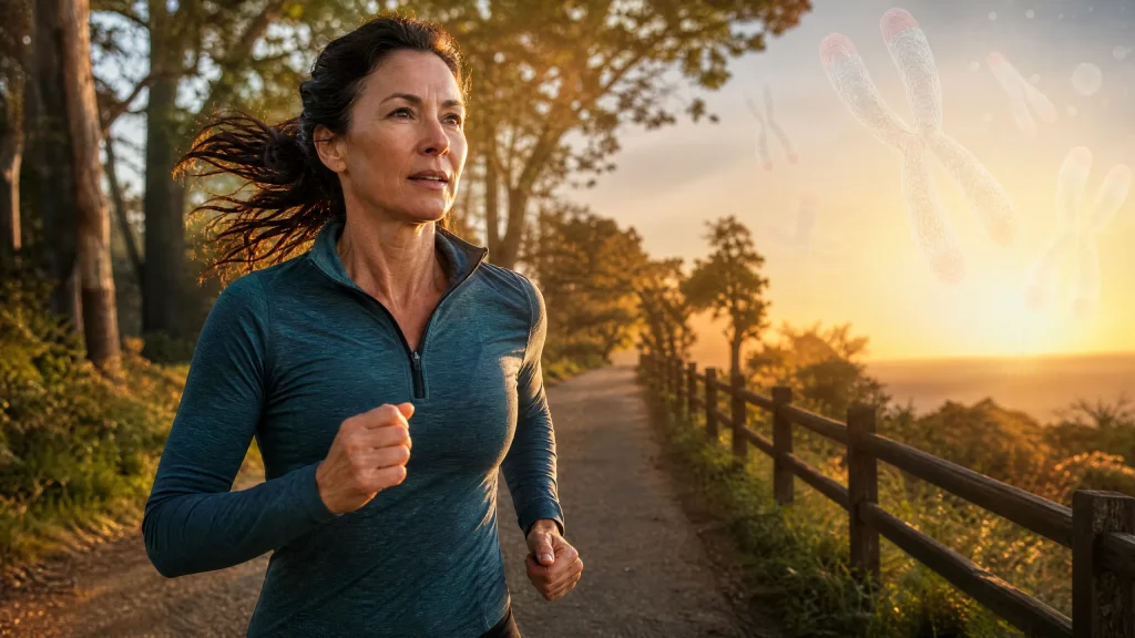 Adult runner completing a vigorous outdoor workout at sunrise, illustrating research on exercise and telomere health.
