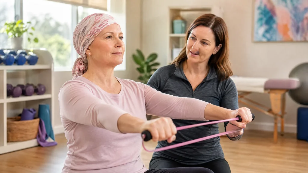 Breast cancer survivor performing a gentle resistance-band exercise with guidance from a rehabilitation specialist in a bright studio.