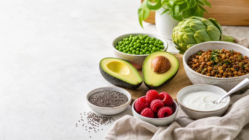 Chia seeds, avocado, green peas, artichoke, raspberries, and cooked lentils arranged as colorful high-fiber food options on a kitchen table.