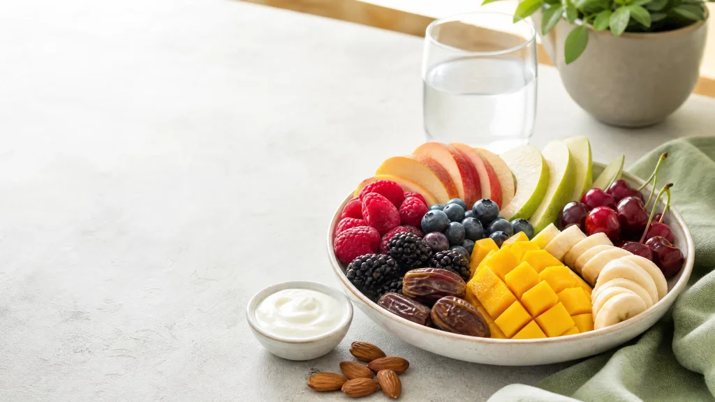 Colorful whole fruits including berries, apples, pears, bananas, mango, cherries, and dates served with Greek yogurt and almonds on a bright kitchen table.