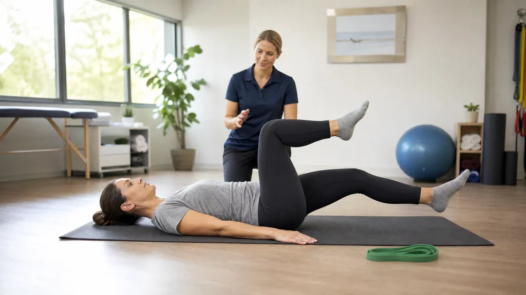 A beginner performing a controlled dead bug heel-drop exercise on a mat to build core stability and support the lower back.