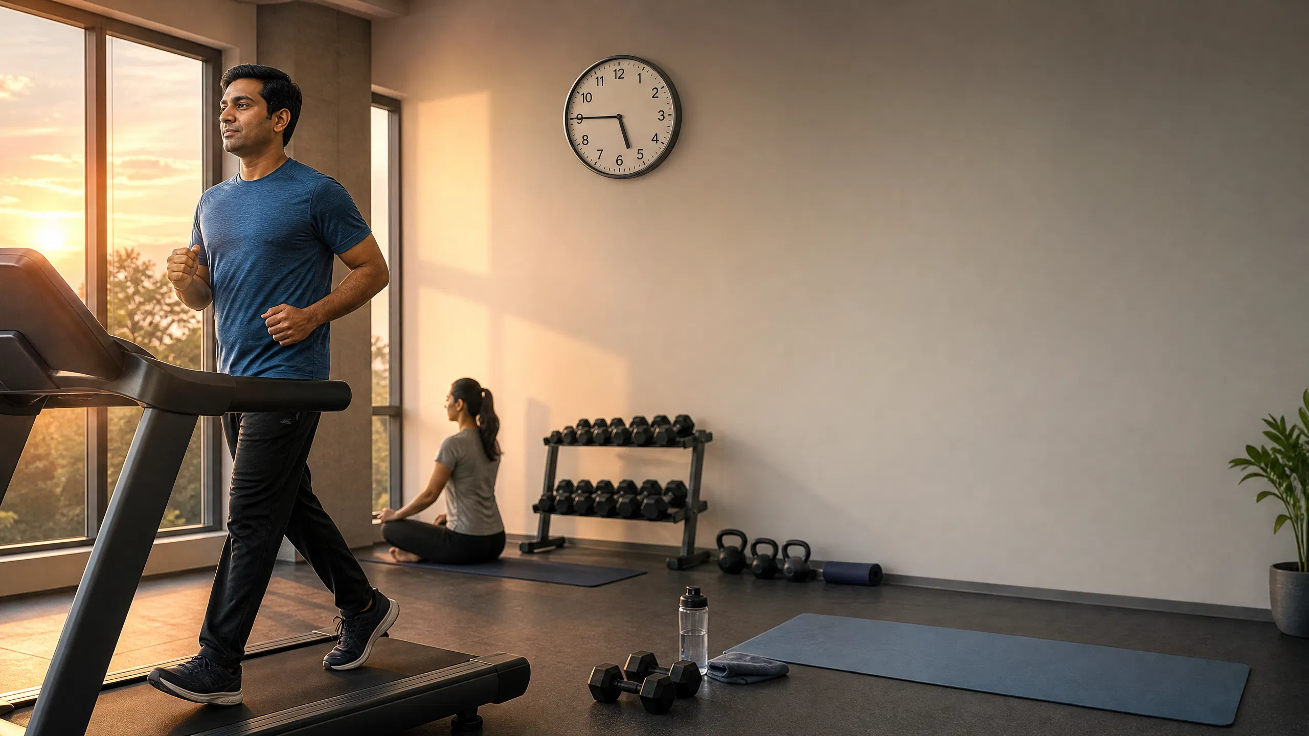 An adult doing controlled evening exercise on a treadmill in a warmly lit gym, representing fitness and healthy weight management.