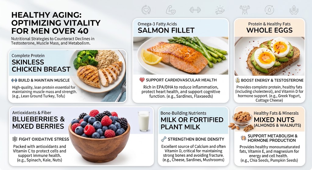 A well-composed plate of food for men's health after 40, featuring a grilled salmon fillet, two boiled eggs, sliced avocado, dark leafy greens, and a handful of mixed nuts on a wooden table