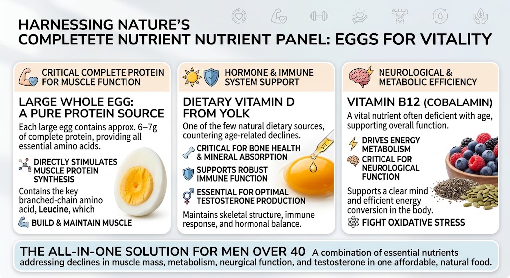 A well-composed plate of food for men's health after 40, featuring a grilled salmon fillet, two boiled eggs, sliced avocado, dark leafy greens, and a handful of mixed nuts on a wooden table