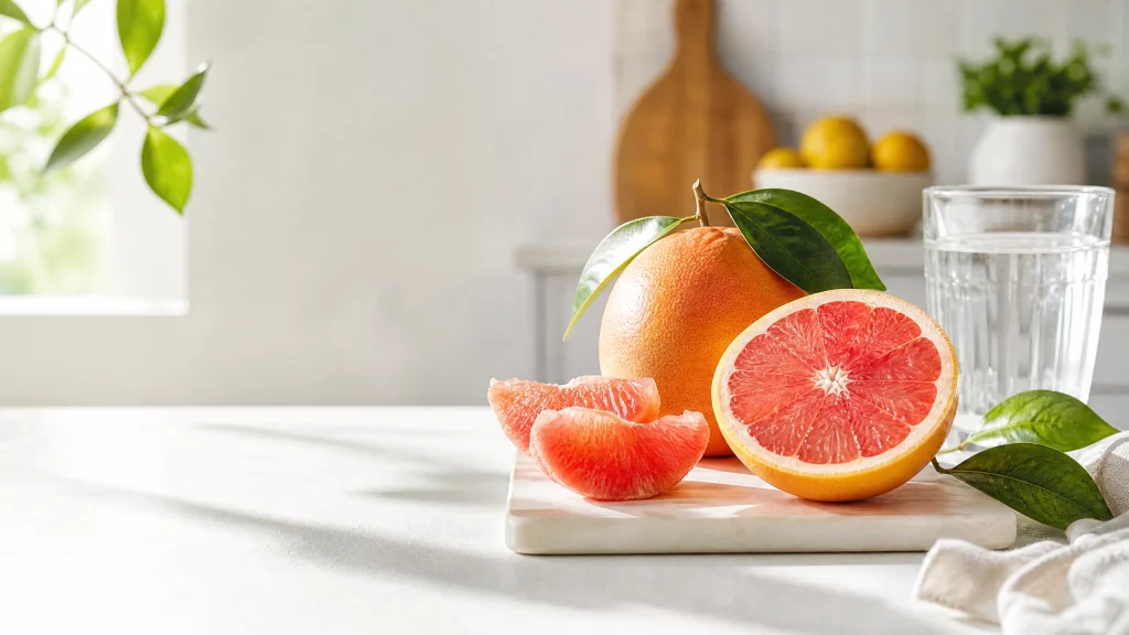 Whole and halved pink grapefruit with fresh citrus segments arranged on a bright kitchen table beside a glass of water.