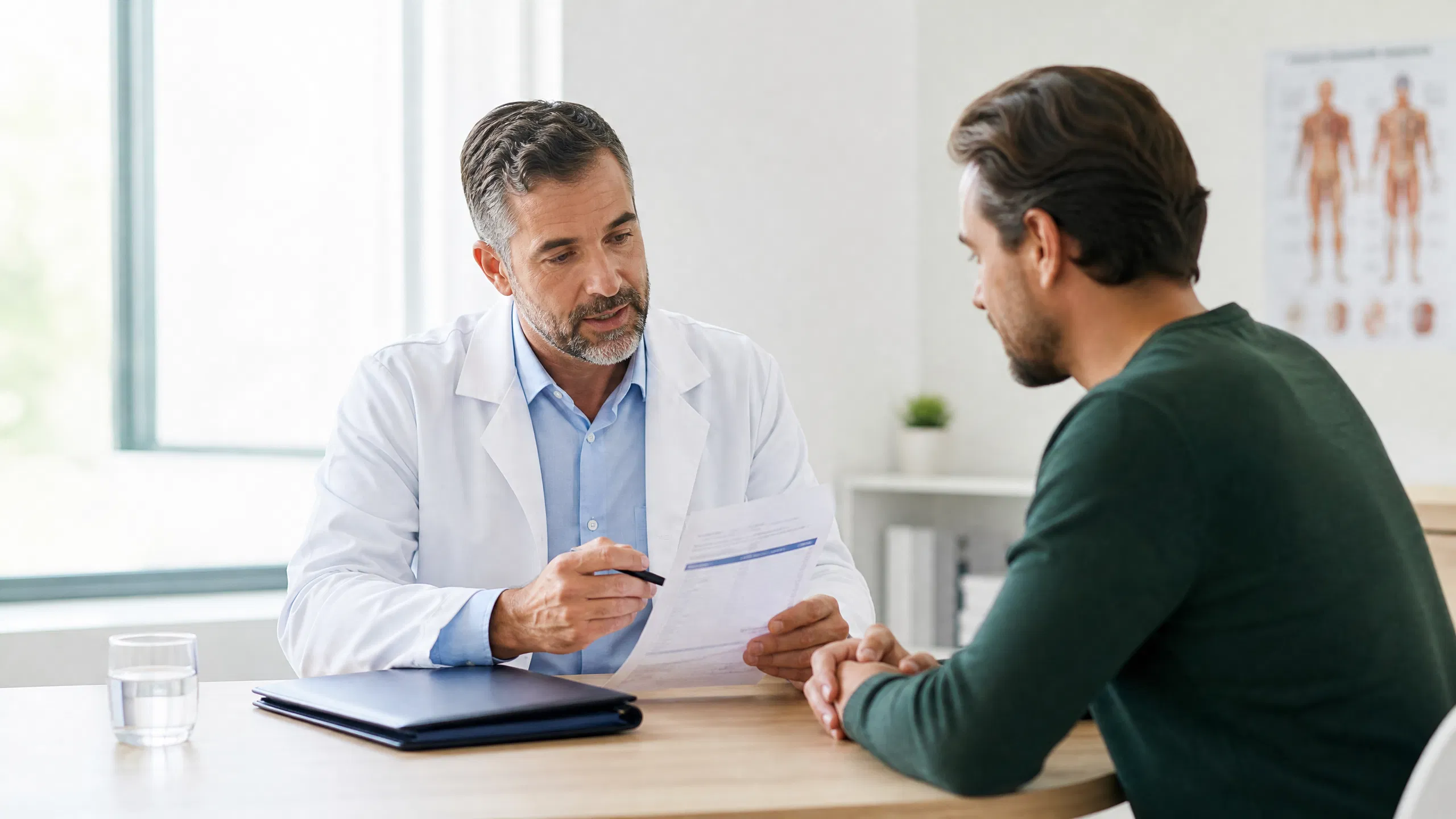 Clinician discussing hormone-test results with an adult patient in a bright medical consultation room.