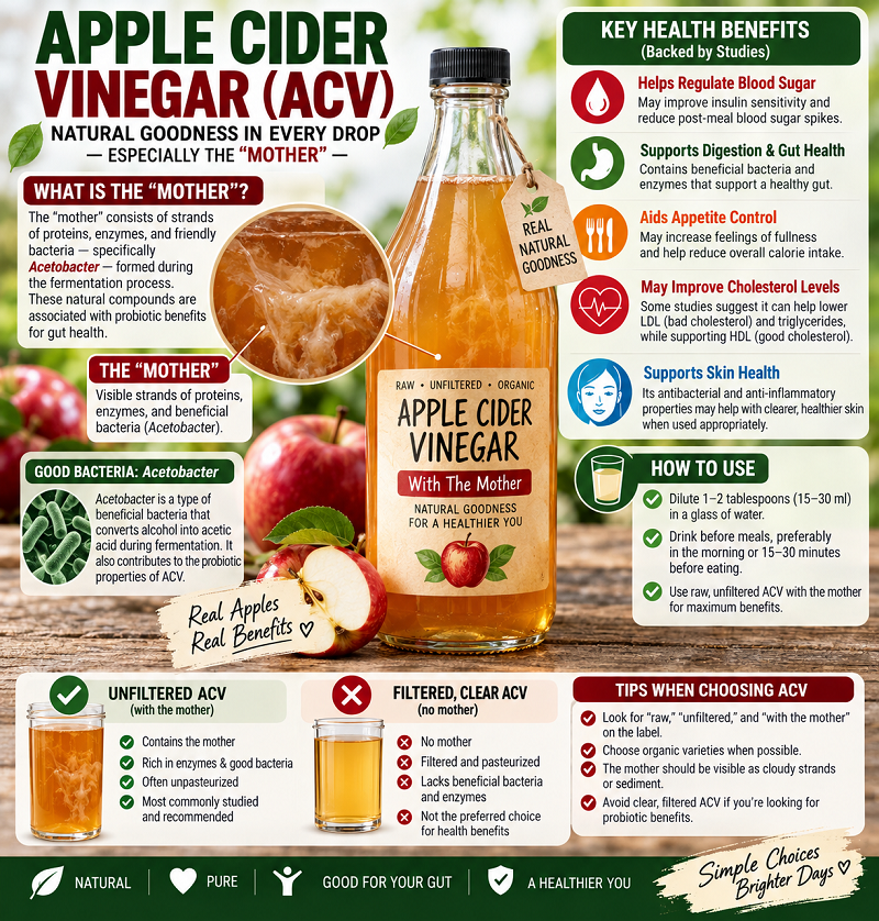 A dark glass bottle of unfiltered apple cider vinegar with visible cloudy sediment and strands of the mother culture at the bottom, labelled organic, placed on a wooden surface with fresh apples beside it