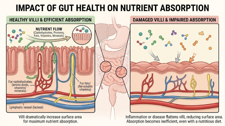 A clean medical illustration of the human digestive system highlighting the small intestine, with a magnified cross-section showing the finger-like villi structures on the intestinal wall responsible for absorbing nutrients into the bloodstream