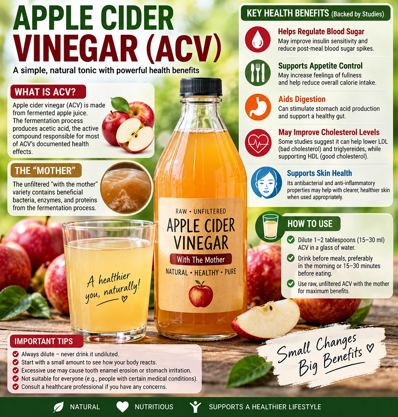 A tall glass of water with a small amount of apple cider vinegar being poured from a bottle, set on a white kitchen counter beside a wooden spoon and a sliced green apple in the morning light