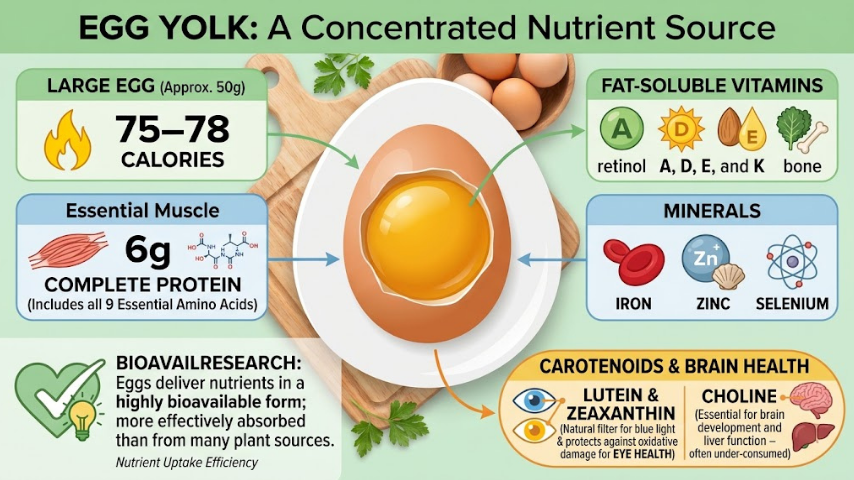 A halved boiled egg on a white surface showing the deep golden yolk in cross-section, surrounded by the firm white, with text labels indicating key nutrients including choline, vitamin D, lutein, and selenium