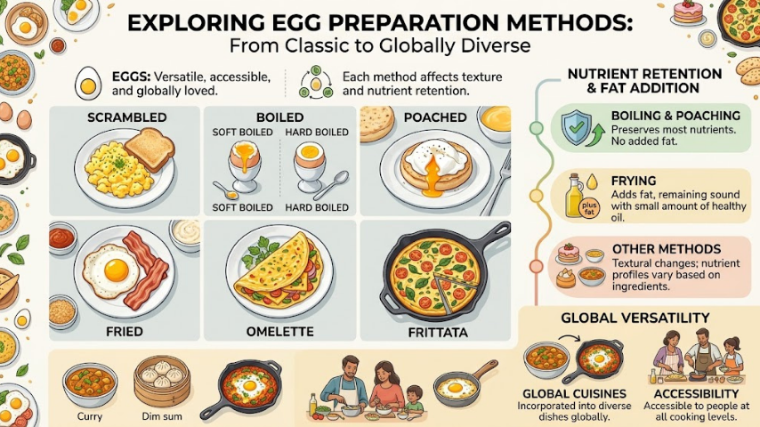 A four-panel image showing scrambled eggs in a pan, two halved soft-boiled eggs, a sunny-side-up fried egg on toast, and a folded vegetable omelette, each representing a different simple cooking method