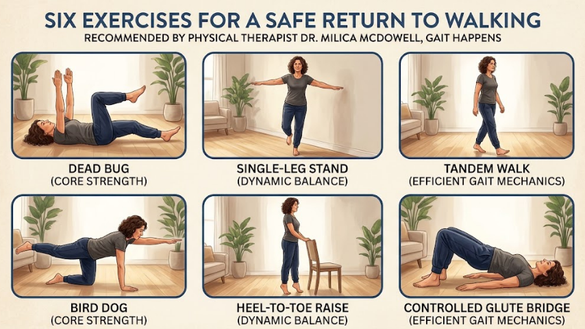 A female physical therapist standing beside a middle-aged patient in a bright rehabilitation room, demonstrating a single leg balance exercise while the patient holds lightly onto a counter for support