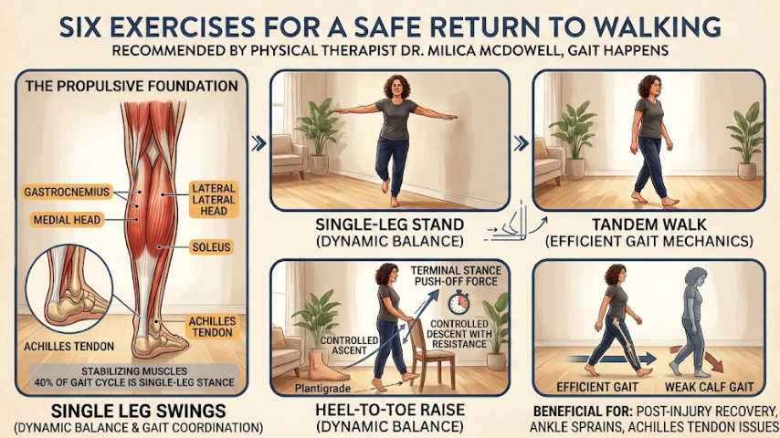 A person standing at a kitchen counter rising onto the balls of both feet during a calf raise exercise, with heels lifted and ankles visibly engaged, wearing supportive footwear on a light wooden floor