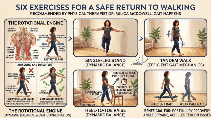 A person standing on a garden path with arms swinging forward and back in a natural gait pattern, torso gently rotating with the movement, demonstrating reciprocal arm swing exercise
