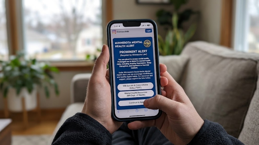 A teenage girl sitting on a bed in dim lighting, holding a smartphone that displays a pop-up warning message about social media mental health risks before the app's main feed loads