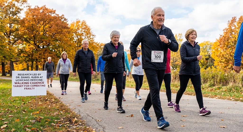 A smiling older woman in her 70s walking briskly along a tree-lined park path in comfortable athletic clothing, arms swinging naturally, in bright morning sunlight