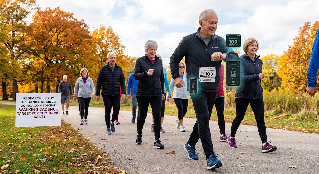 An older man in his late 60s walking on a suburban footpath while glancing at a smartphone screen showing a step counter and cadence tracker app, with earphones in