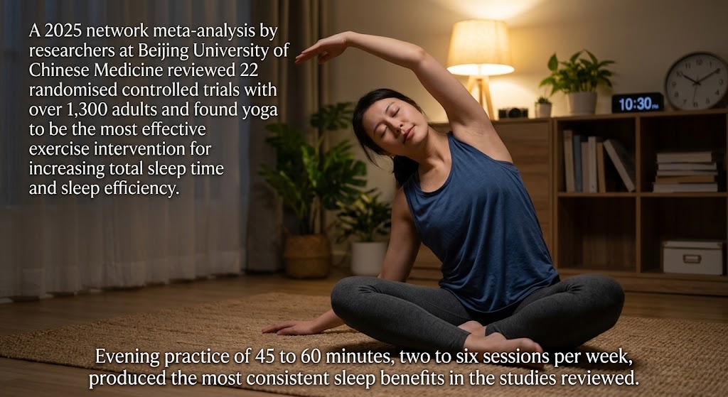 A woman in her 30s performing a gentle seated forward fold yoga pose in a softly lit bedroom in the evening, wearing comfortable clothing, with a yoga mat on the wooden floor and warm lamp light creating a calm atmosphere