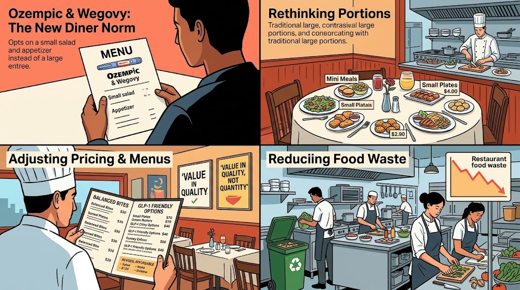 A restaurant table set with several small plates and shared dishes, illustrating a portion-conscious dining trend.
