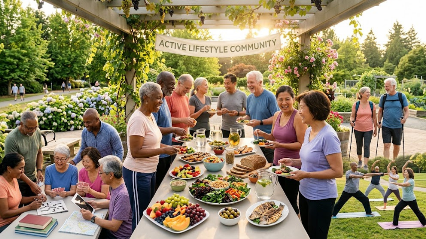A group of older adults in their 60s and 70s doing gentle outdoor exercise together in a park, smiling and engaged, with green trees in the background on a sunny day