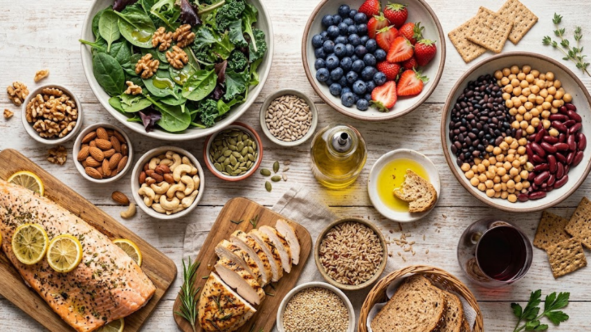 A flat lay of brain-healthy MIND diet foods including dark leafy greens, blueberries, walnuts, salmon fillet, olive oil, and whole grain bread on a white marble surface