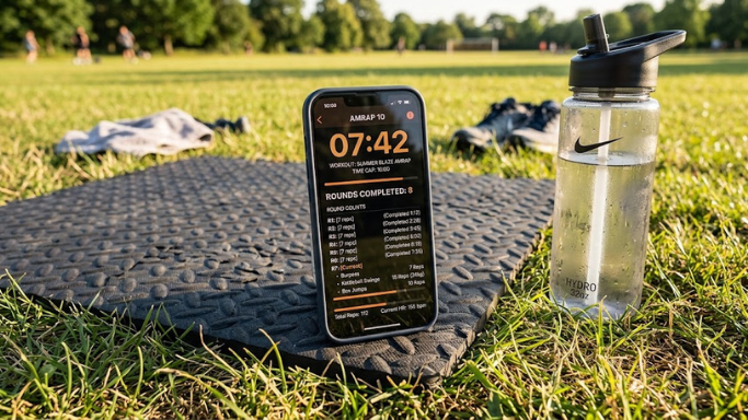 A close-up of a smartphone screen showing a timer set to 10 minutes on a yoga mat beside a water bottle, with early morning light coming through a window in the background.