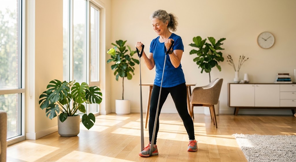 A man in his late 60s performing a bodyweight squat in a bright home gym with large windows, wearing athletic clothing, focused expression, correct form with knees tracking over toes