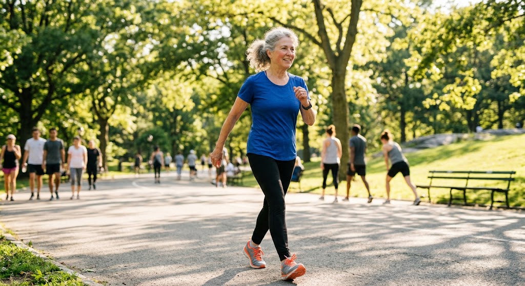 A smiling woman in her late 60s walking briskly along a tree-lined path in the morning, wearing comfortable athletic shoes and casual clothes, with dappled sunlight through the trees