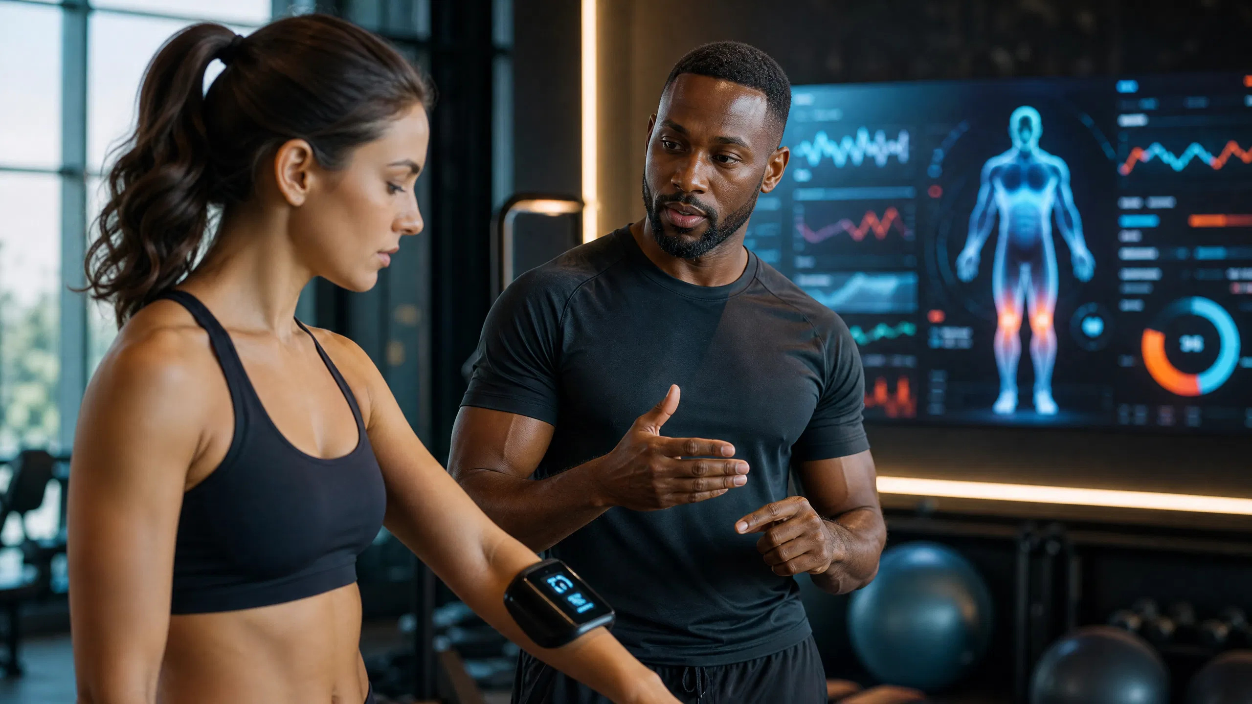 A professional editorial photograph of a modern, high-tech fitness environment in 2026. A personal trainer is guiding a client who is wearing a futuristic wearable device on her forearm, while a large digital screen in the background displays real-time biometric data, including muscle engagement heatmaps and metabolic health dashboards.