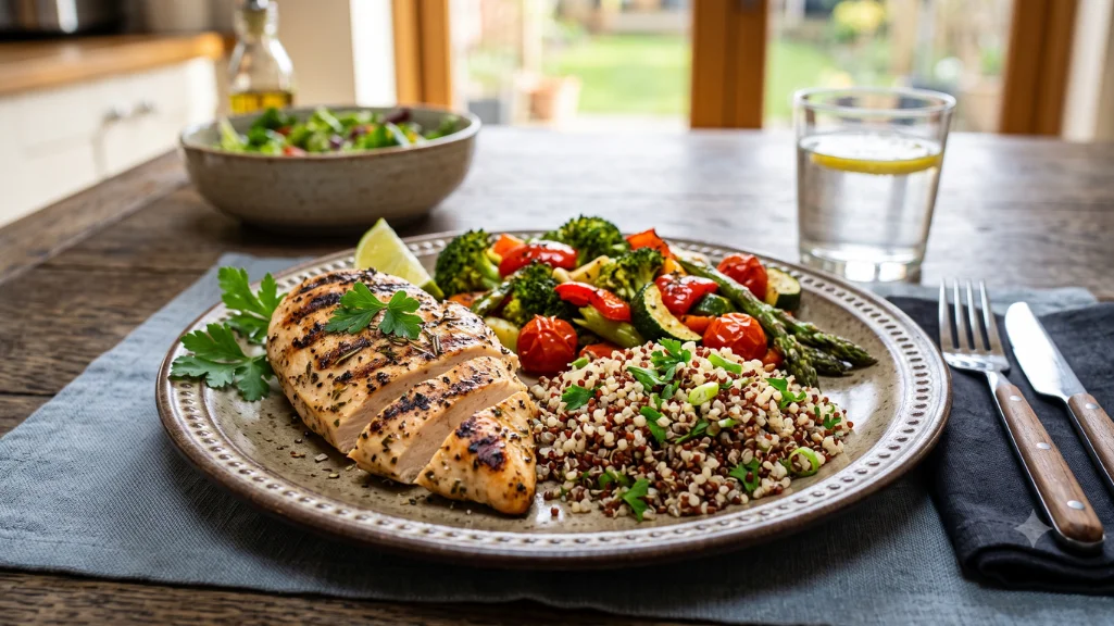 A professional photo of a balanced meal containing lean protein, vegetables, and complex carbohydrates.