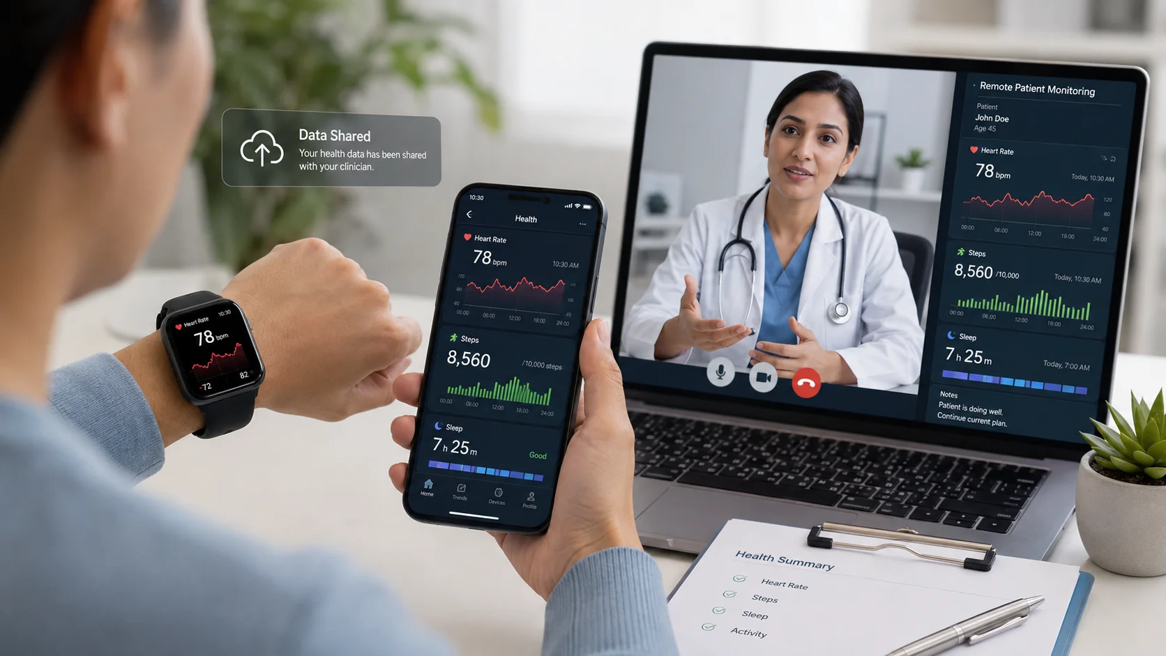 Smartwatch and smartphone showing heart-rate and activity data being shared with a clinician for remote monitoring.